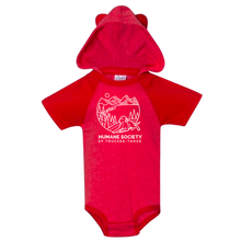 Load image into Gallery viewer, Child Onesie - Short Sleeve Raglan Bodysuit with Hood &amp; Ears
